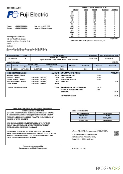 Modèle de facture de services publics de Vietnam Fuji Electric Vietnam Co. aux formats Word